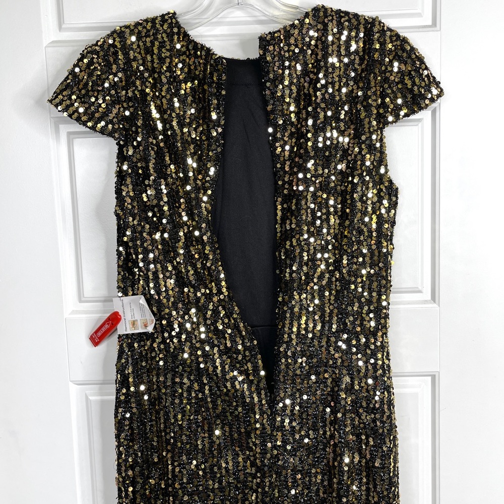 IEENA FOR MAC DUGGAL Sequined Cap Sleeve High Neck Gown NEW Size 8 Black Gold - Picture 10 of 14